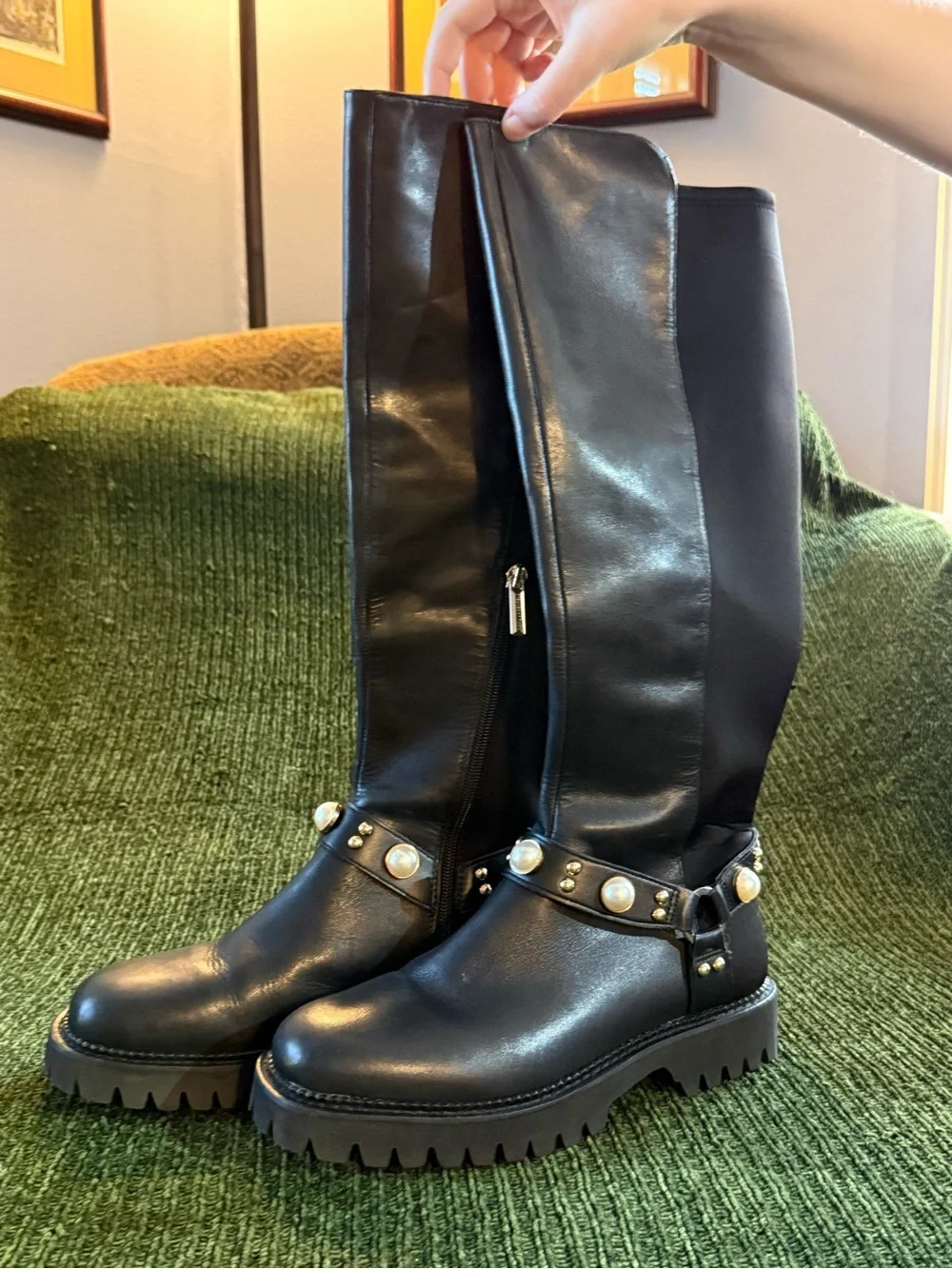 Karl Lagerfeld Black Pearl-Embellished Over-the-Knee Boots